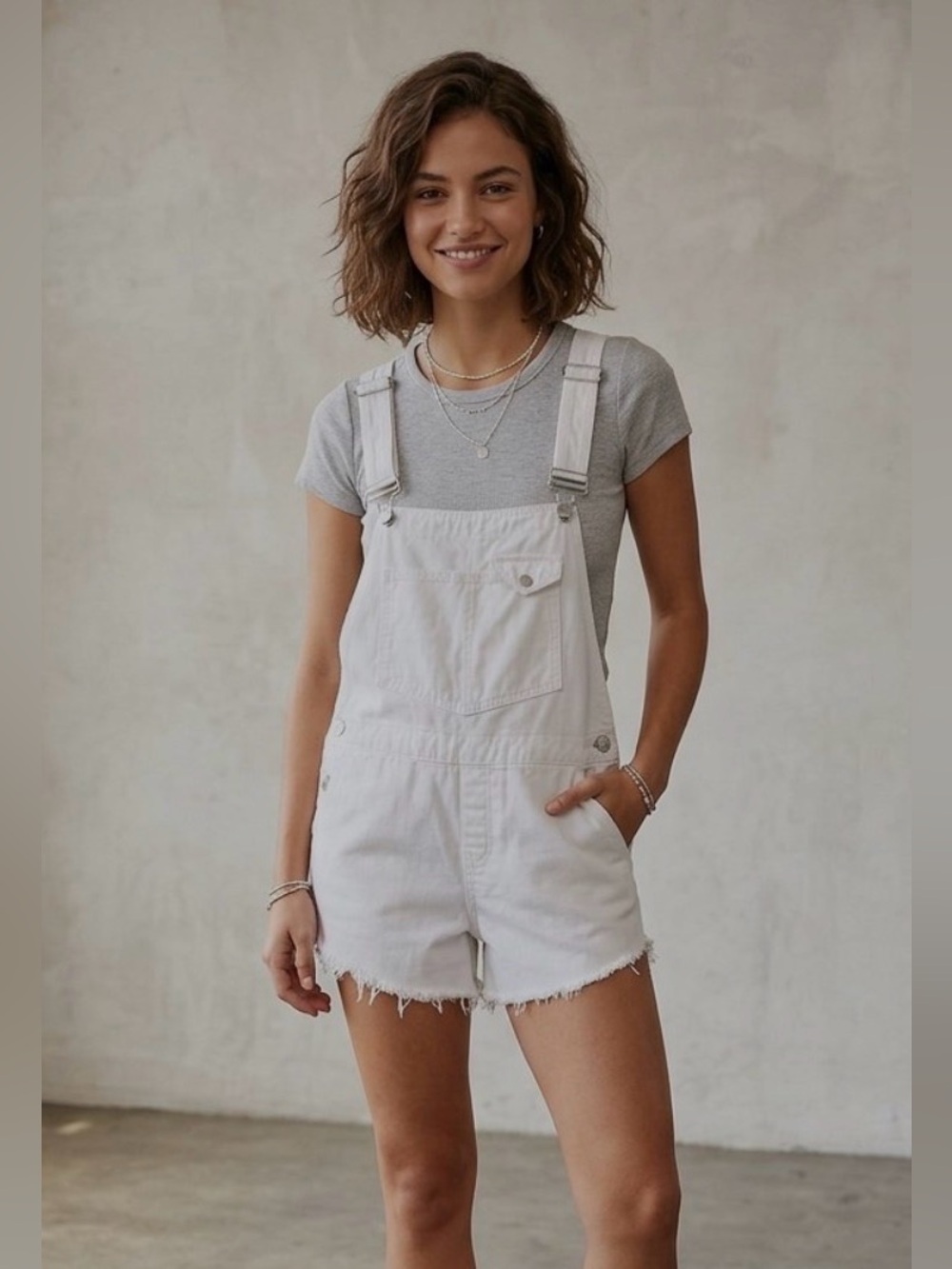 BDG White Denim Short Overalls